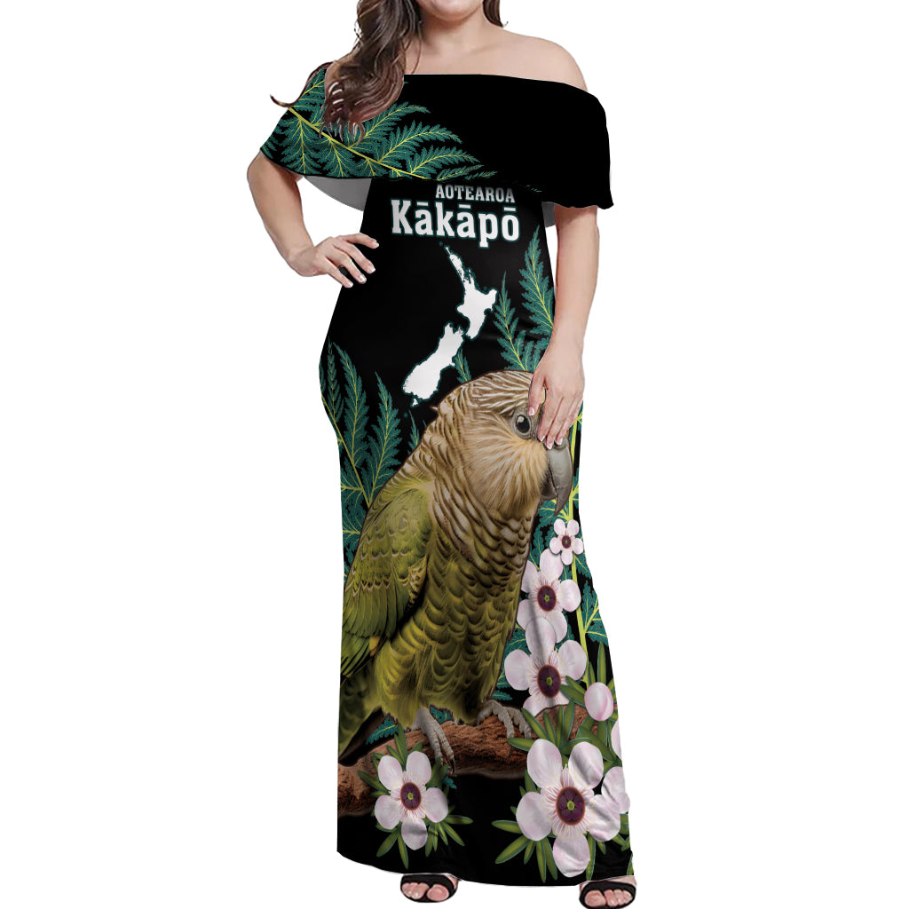 Personalised New Zealand Kakapo Off Shoulder Maxi Dress Aotearoa Fern With Manuka LT14 Women Black - Polynesian Pride