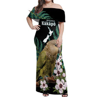 Personalised New Zealand Kakapo Off Shoulder Maxi Dress Aotearoa Fern With Manuka LT14 Women Black - Polynesian Pride