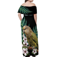 Personalised New Zealand Kakapo Off Shoulder Maxi Dress Aotearoa Fern With Manuka LT14 - Polynesian Pride