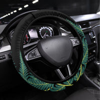 New Zealand Kakapo Steering Wheel Cover Aotearoa Fern With Manuka LT14 Universal Fit Black - Polynesian Pride