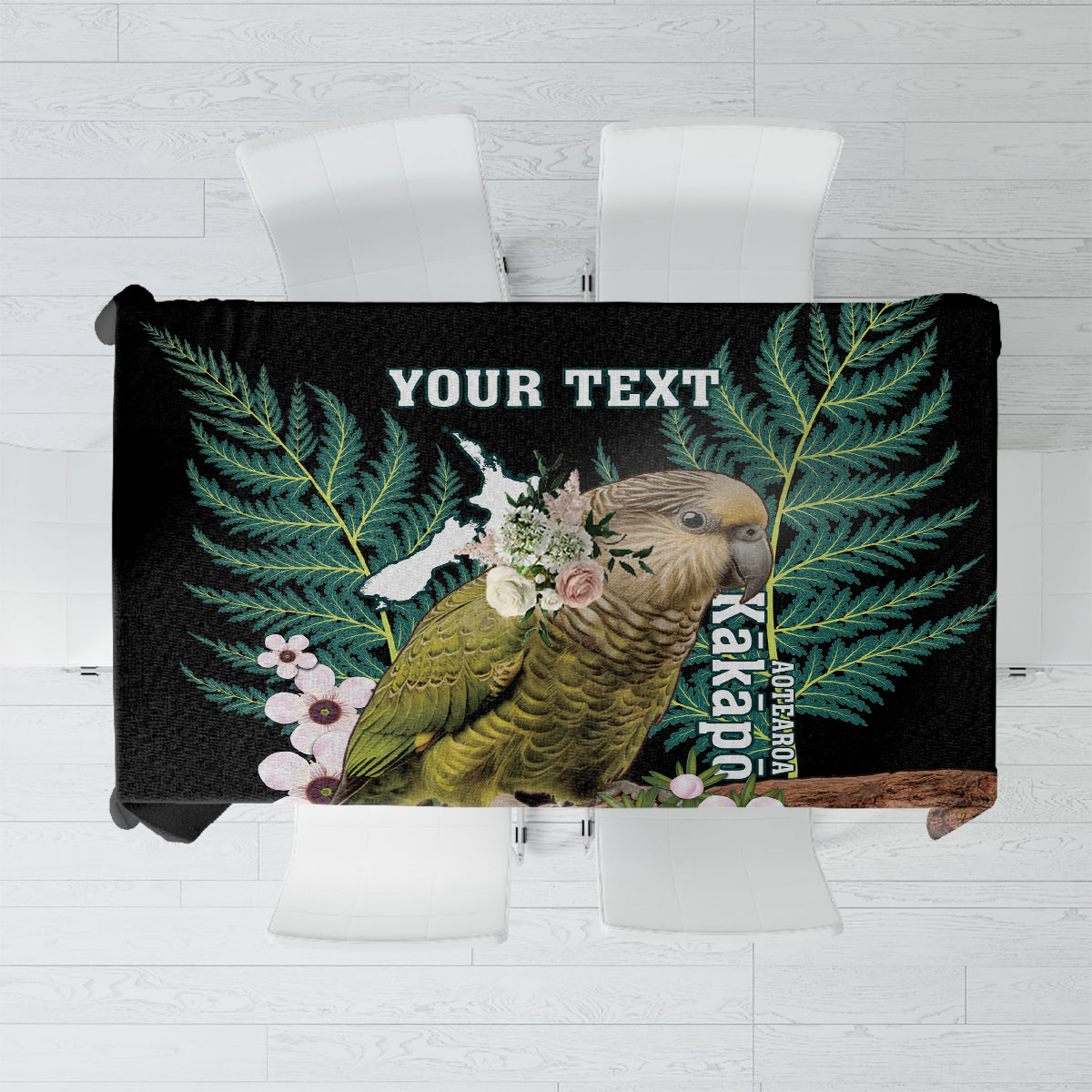 Personalised New Zealand Kakapo Tablecloth Aotearoa Fern With Manuka LT14 Black - Polynesian Pride