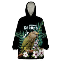 Personalised New Zealand Kakapo Wearable Blanket Hoodie Aotearoa Fern With Manuka LT14 One Size Black - Polynesian Pride