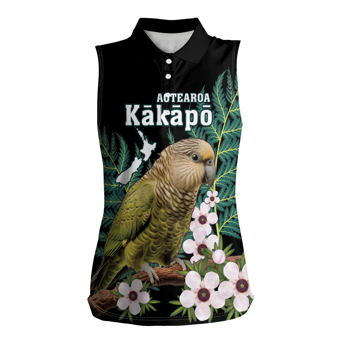 Personalised New Zealand Kakapo Women Sleeveless Polo Shirt Aotearoa Fern With Manuka LT14 Female Black - Polynesian Pride