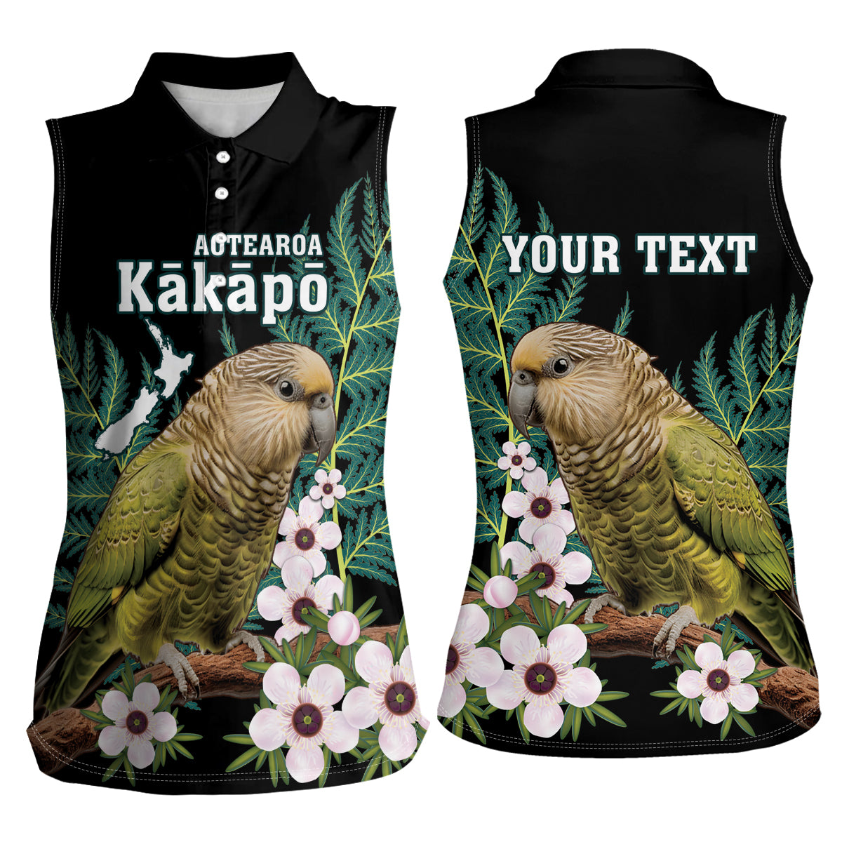 Personalised New Zealand Kakapo Women Sleeveless Polo Shirt Aotearoa Fern With Manuka LT14 - Polynesian Pride