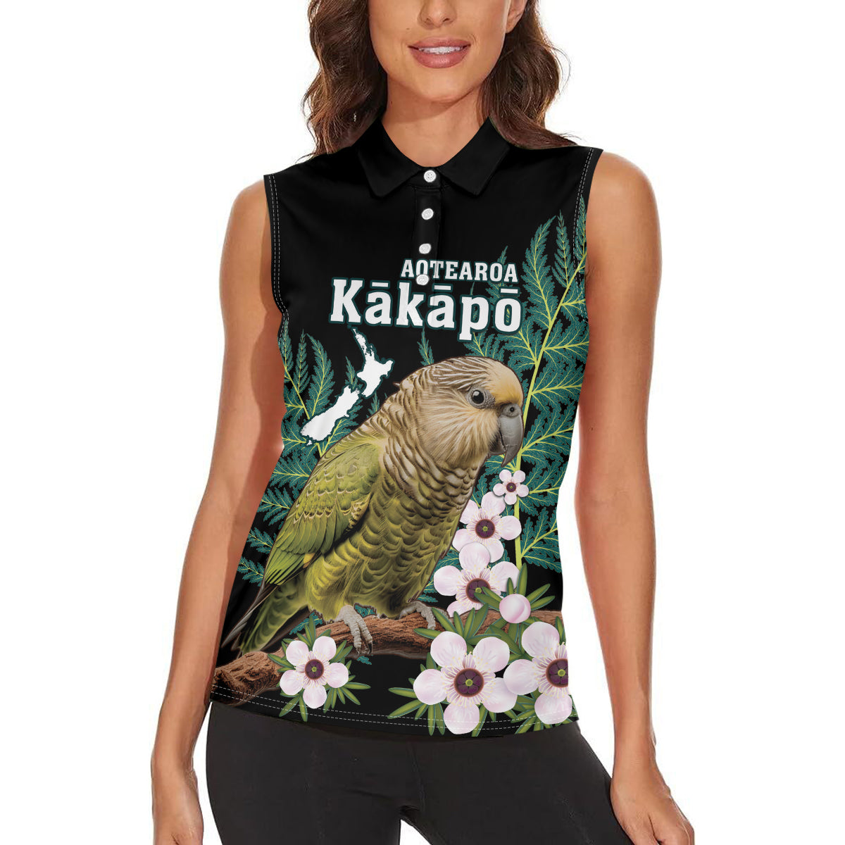 Personalised New Zealand Kakapo Women Sleeveless Polo Shirt Aotearoa Fern With Manuka LT14 - Polynesian Pride
