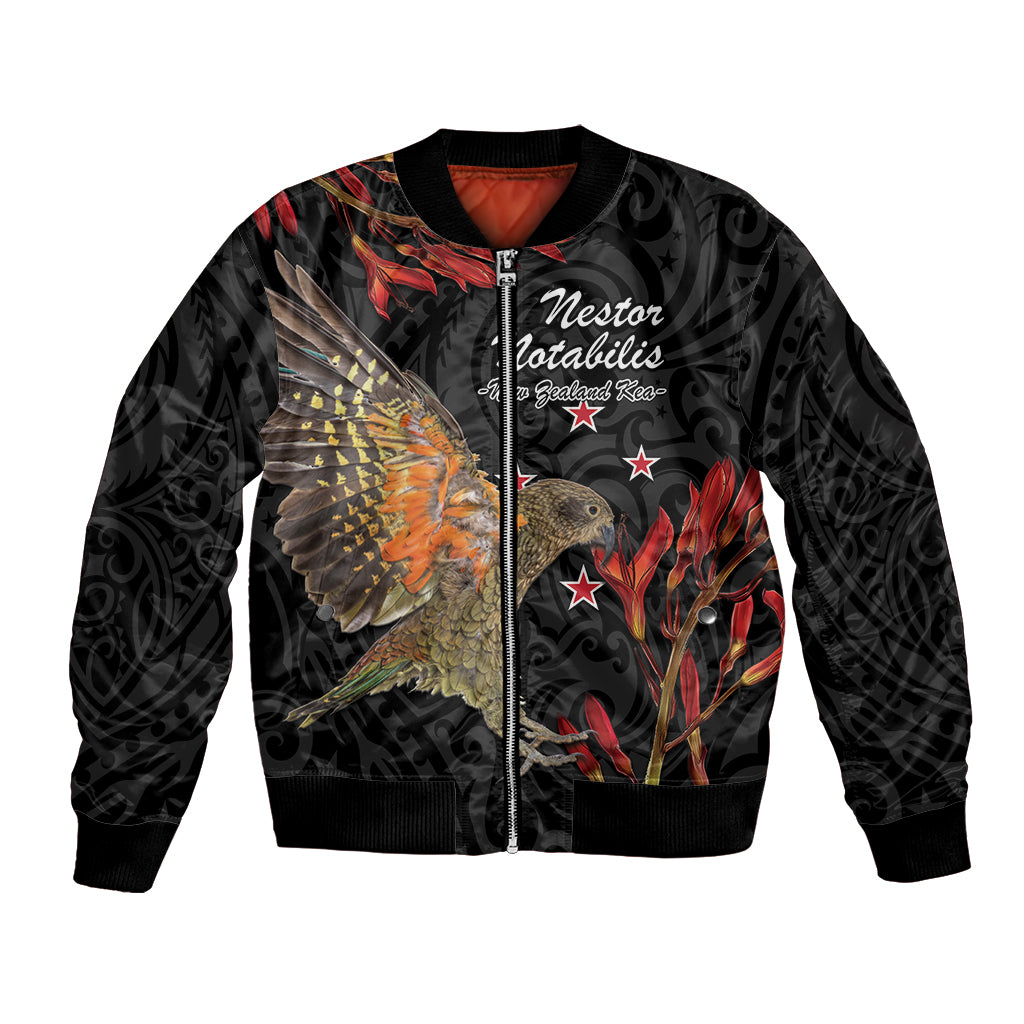 Personalised New Zealand Kea Bomber Jacket Nestor Notabilis With Harakeke Maori Pattern LT14 Unisex Black - Polynesian Pride