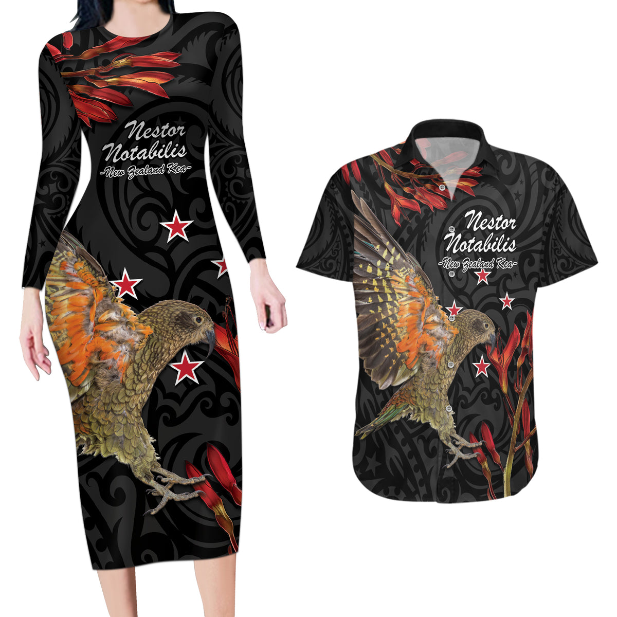 Personalised New Zealand Kea Couples Matching Long Sleeve Bodycon Dress and Hawaiian Shirt Nestor Notabilis With Harakeke Maori Pattern LT14 Black - Polynesian Pride