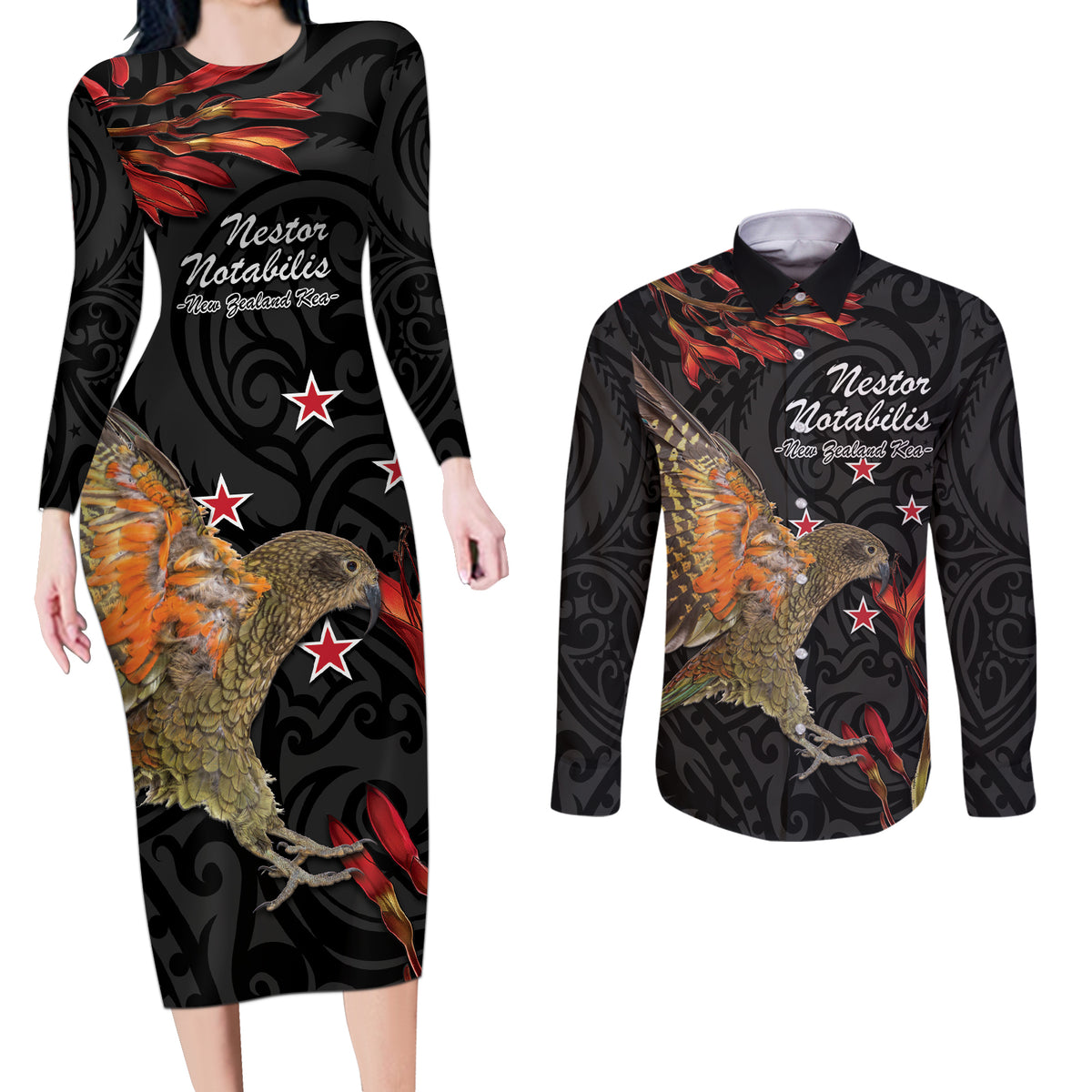 Personalised New Zealand Kea Couples Matching Long Sleeve Bodycon Dress and Long Sleeve Button Shirt Nestor Notabilis With Harakeke Maori Pattern LT14 Black - Polynesian Pride