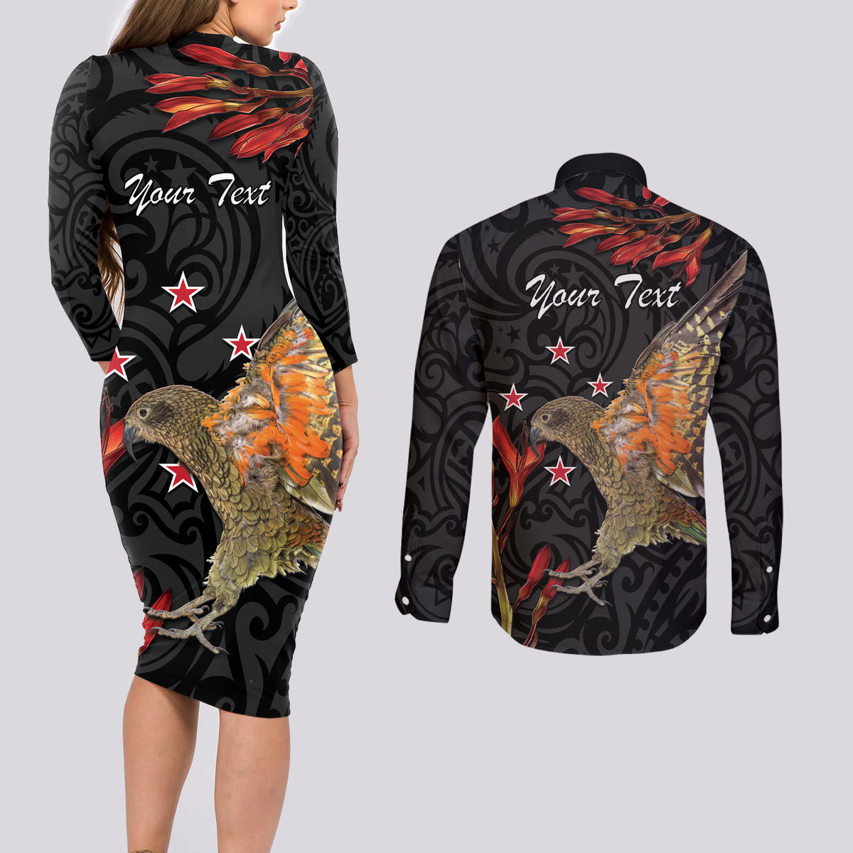 Personalised New Zealand Kea Couples Matching Long Sleeve Bodycon Dress and Long Sleeve Button Shirt Nestor Notabilis With Harakeke Maori Pattern LT14 - Polynesian Pride