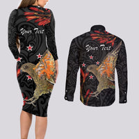 Personalised New Zealand Kea Couples Matching Long Sleeve Bodycon Dress and Long Sleeve Button Shirt Nestor Notabilis With Harakeke Maori Pattern LT14 - Polynesian Pride