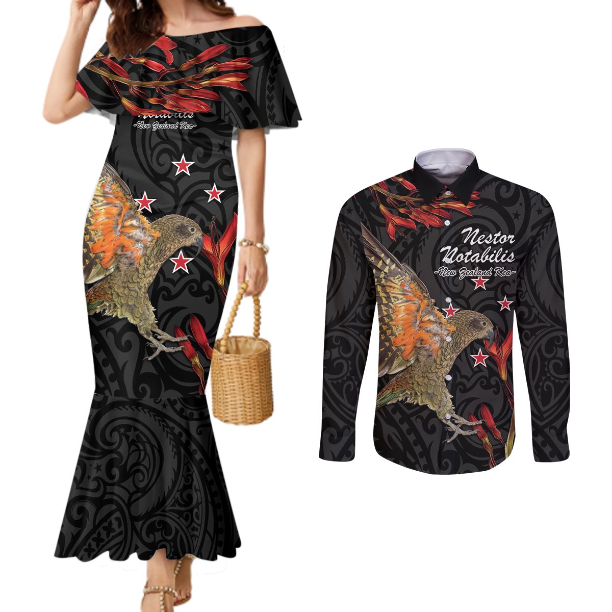 Personalised New Zealand Kea Couples Matching Mermaid Dress and Long Sleeve Button Shirt Nestor Notabilis With Harakeke Maori Pattern LT14 Black - Polynesian Pride