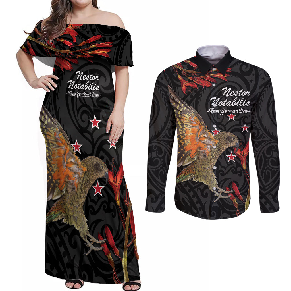 Personalised New Zealand Kea Couples Matching Off Shoulder Maxi Dress and Long Sleeve Button Shirt Nestor Notabilis With Harakeke Maori Pattern LT14 Black - Polynesian Pride