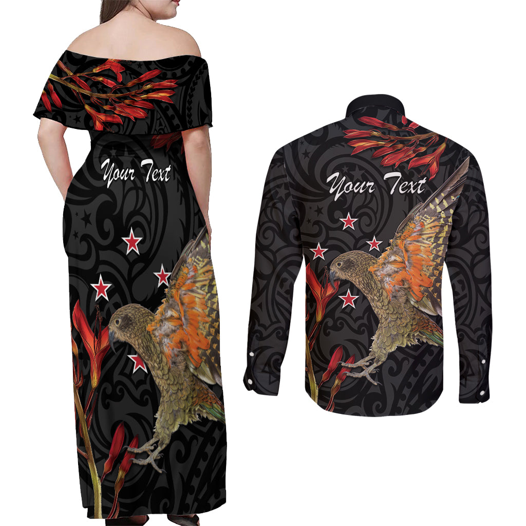 Personalised New Zealand Kea Couples Matching Off Shoulder Maxi Dress and Long Sleeve Button Shirt Nestor Notabilis With Harakeke Maori Pattern LT14 - Polynesian Pride