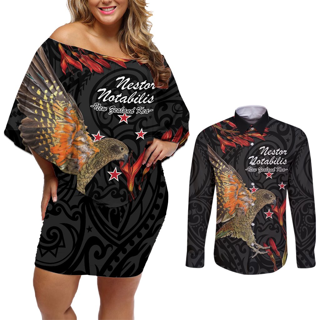 Personalised New Zealand Kea Couples Matching Off Shoulder Short Dress and Long Sleeve Button Shirt Nestor Notabilis With Harakeke Maori Pattern
