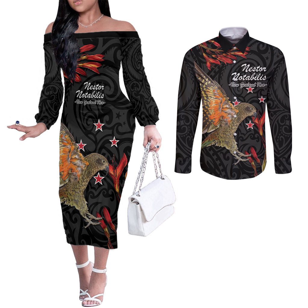 Personalised New Zealand Kea Couples Matching Off The Shoulder Long Sleeve Dress and Long Sleeve Button Shirt Nestor Notabilis With Harakeke Maori Pattern LT14 Black - Polynesian Pride