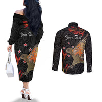 Personalised New Zealand Kea Couples Matching Off The Shoulder Long Sleeve Dress and Long Sleeve Button Shirt Nestor Notabilis With Harakeke Maori Pattern LT14 - Polynesian Pride
