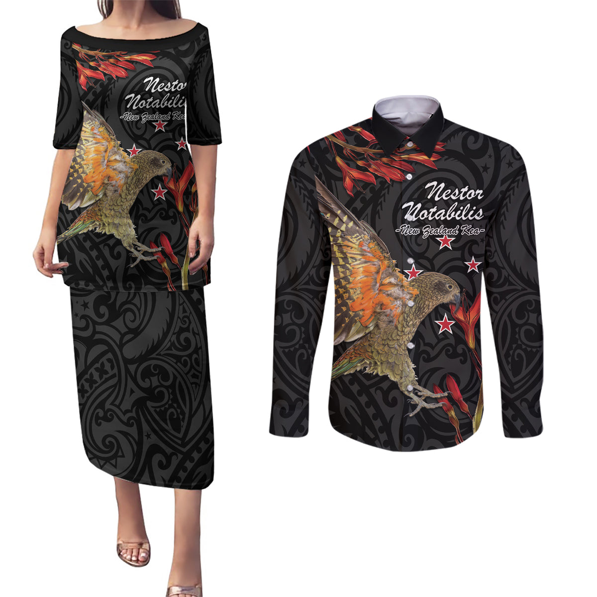 Personalised New Zealand Kea Couples Matching Puletasi and Long Sleeve Button Shirt Nestor Notabilis With Harakeke Maori Pattern