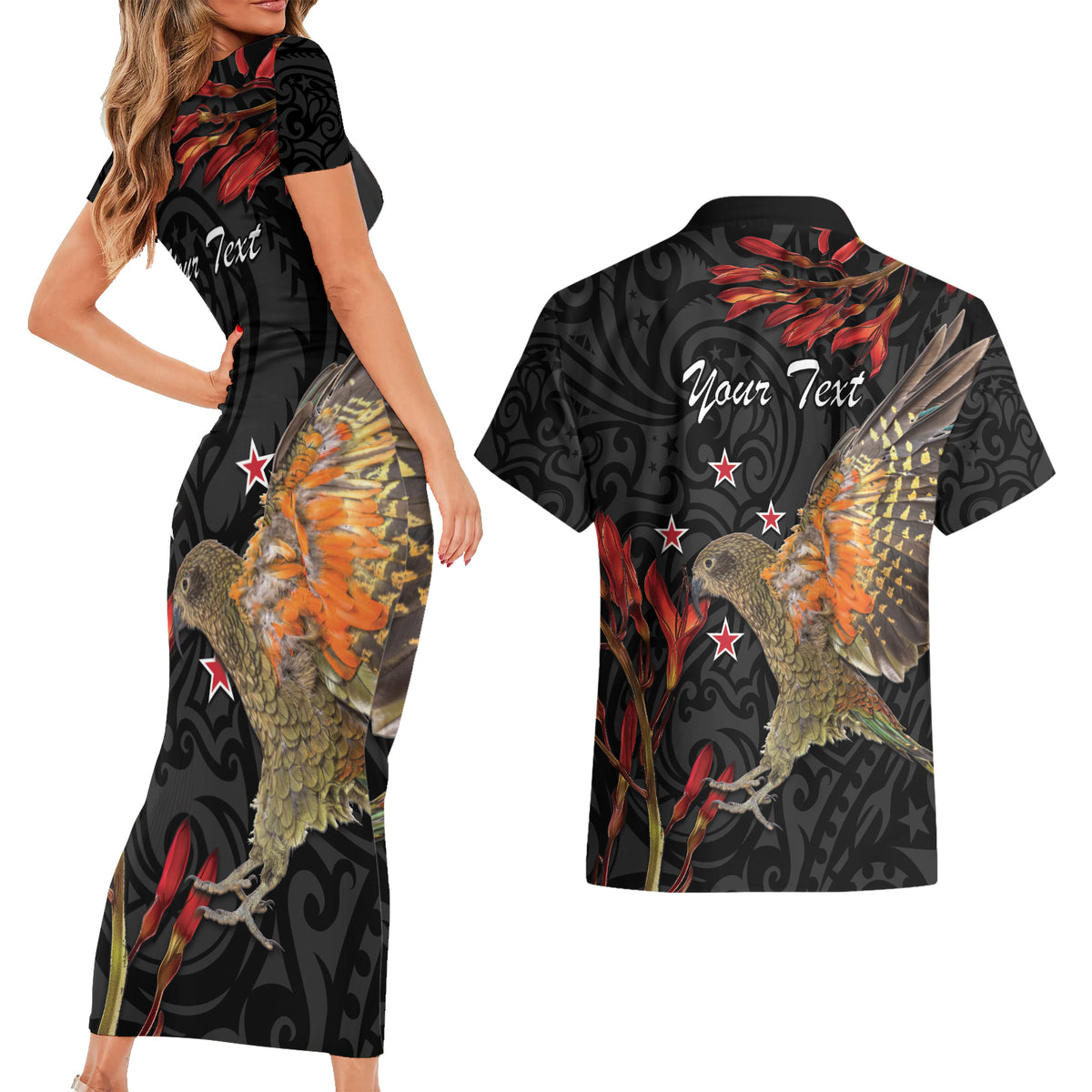 Personalised New Zealand Kea Couples Matching Short Sleeve Bodycon Dress and Hawaiian Shirt Nestor Notabilis With Harakeke Maori Pattern LT14 - Polynesian Pride