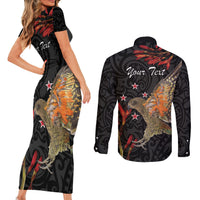 Personalised New Zealand Kea Couples Matching Short Sleeve Bodycon Dress and Long Sleeve Button Shirt Nestor Notabilis With Harakeke Maori Pattern LT14 - Polynesian Pride