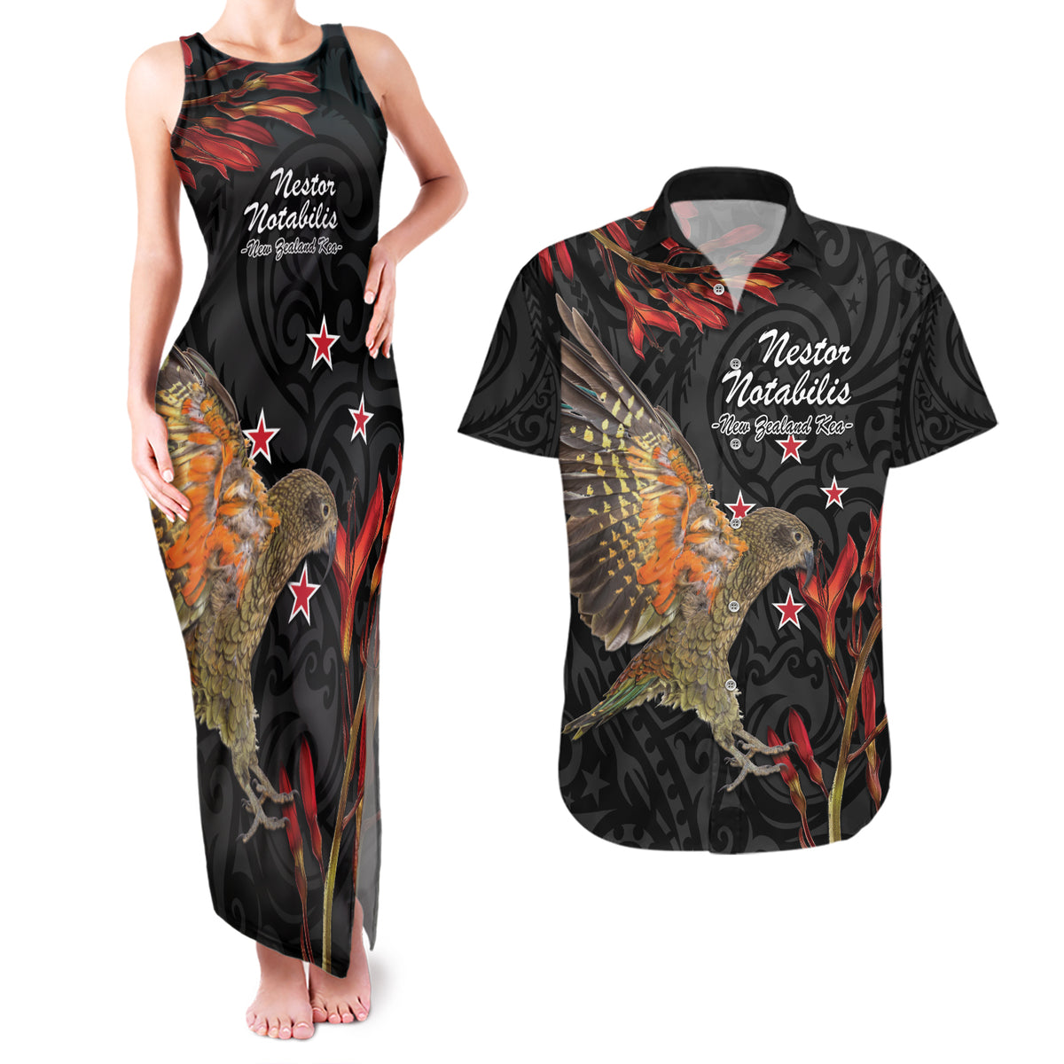 Personalised New Zealand Kea Couples Matching Tank Maxi Dress and Hawaiian Shirt Nestor Notabilis With Harakeke Maori Pattern LT14 Black - Polynesian Pride