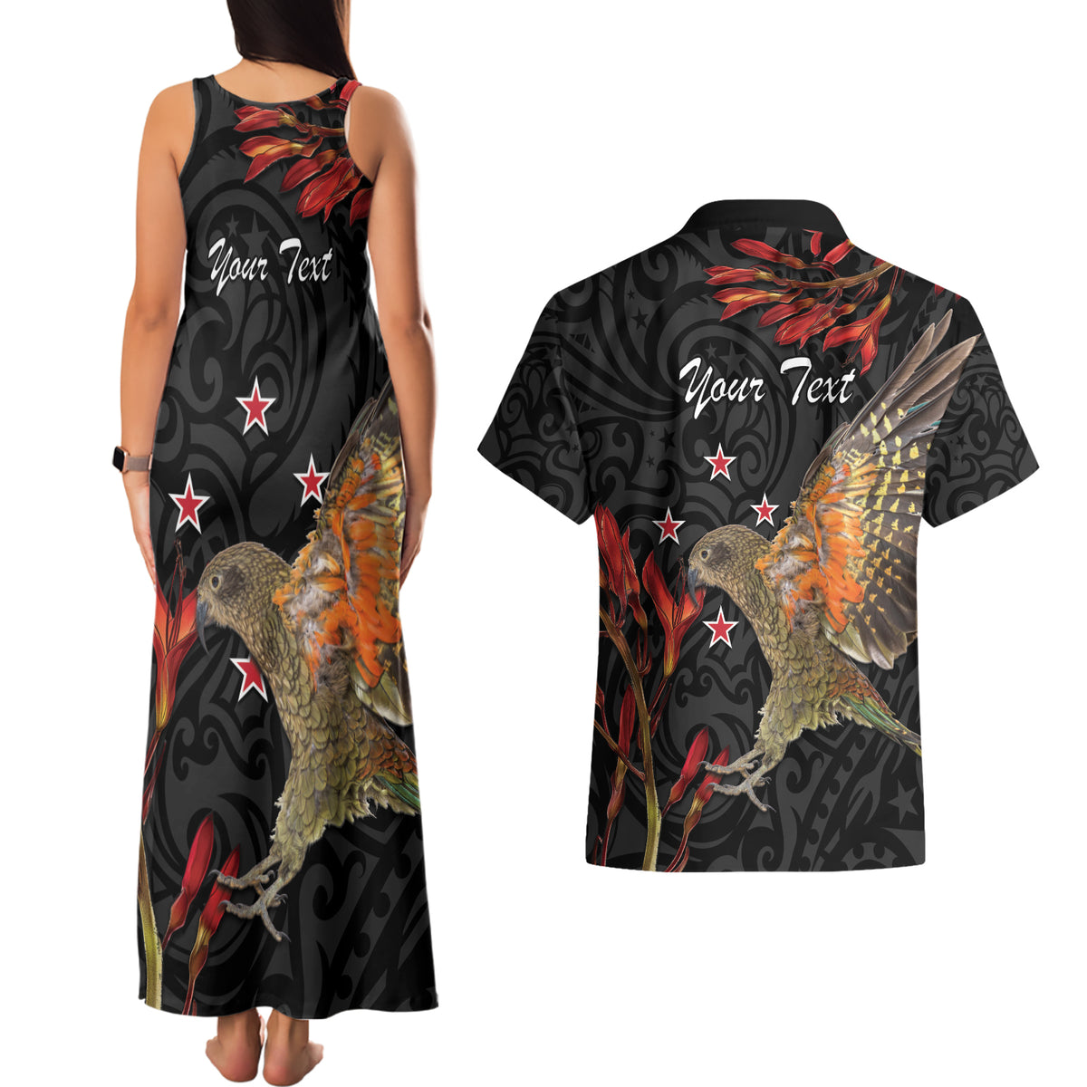 Personalised New Zealand Kea Couples Matching Tank Maxi Dress and Hawaiian Shirt Nestor Notabilis With Harakeke Maori Pattern LT14 - Polynesian Pride
