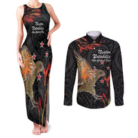 Personalised New Zealand Kea Couples Matching Tank Maxi Dress and Long Sleeve Button Shirt Nestor Notabilis With Harakeke Maori Pattern LT14 Black - Polynesian Pride
