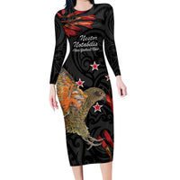 Personalised New Zealand Kea Family Matching Long Sleeve Bodycon Dress and Hawaiian Shirt Nestor Notabilis With Harakeke Maori Pattern LT14 Mom's Dress Black - Polynesian Pride