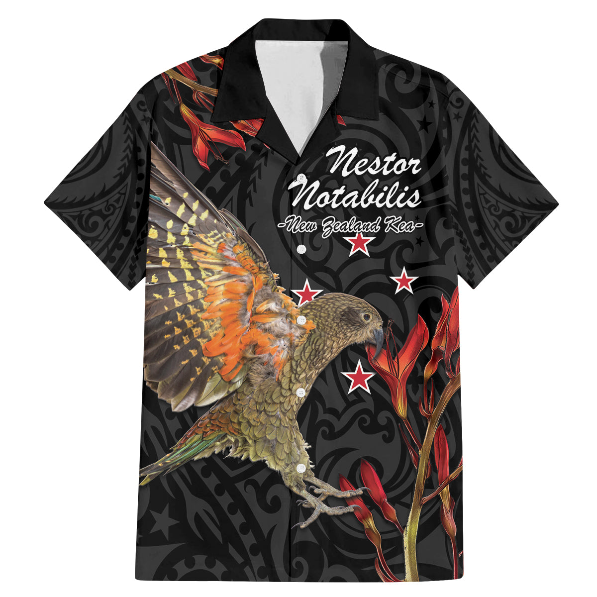 Personalised New Zealand Kea Family Matching Mermaid Dress and Hawaiian Shirt Nestor Notabilis With Harakeke Maori Pattern LT14 Dad's Shirt - Short Sleeve Black - Polynesian Pride