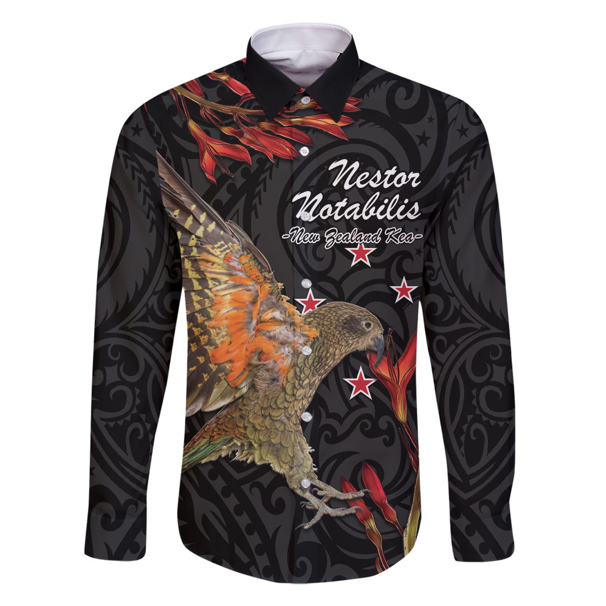 Personalised New Zealand Kea Family Matching Mermaid Dress and Hawaiian Shirt Nestor Notabilis With Harakeke Maori Pattern LT14 Dad's Shirt - Long Sleeve Black - Polynesian Pride