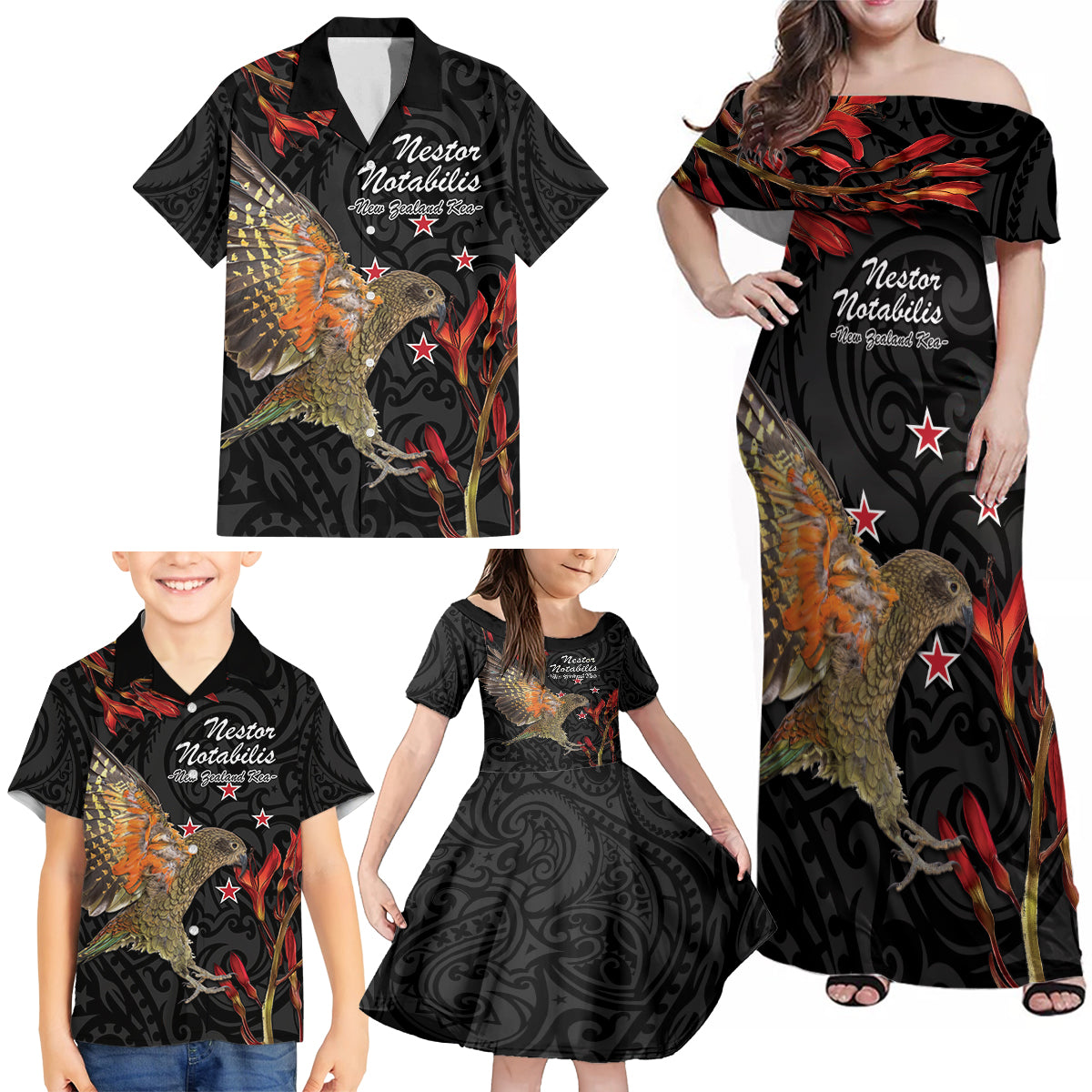 Personalised New Zealand Kea Family Matching Off Shoulder Maxi Dress and Hawaiian Shirt Nestor Notabilis With Harakeke Maori Pattern LT14 - Polynesian Pride