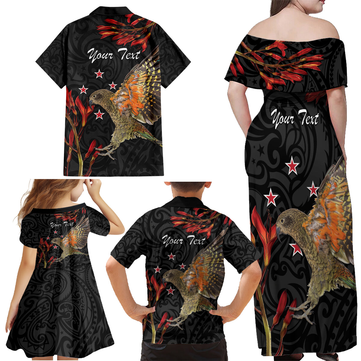 Personalised New Zealand Kea Family Matching Off Shoulder Maxi Dress and Hawaiian Shirt Nestor Notabilis With Harakeke Maori Pattern LT14 - Polynesian Pride