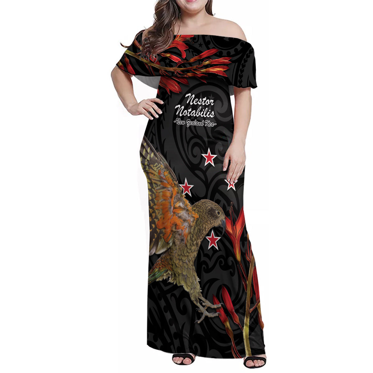 Personalised New Zealand Kea Family Matching Off Shoulder Maxi Dress and Hawaiian Shirt Nestor Notabilis With Harakeke Maori Pattern LT14 Mom's Dress Black - Polynesian Pride