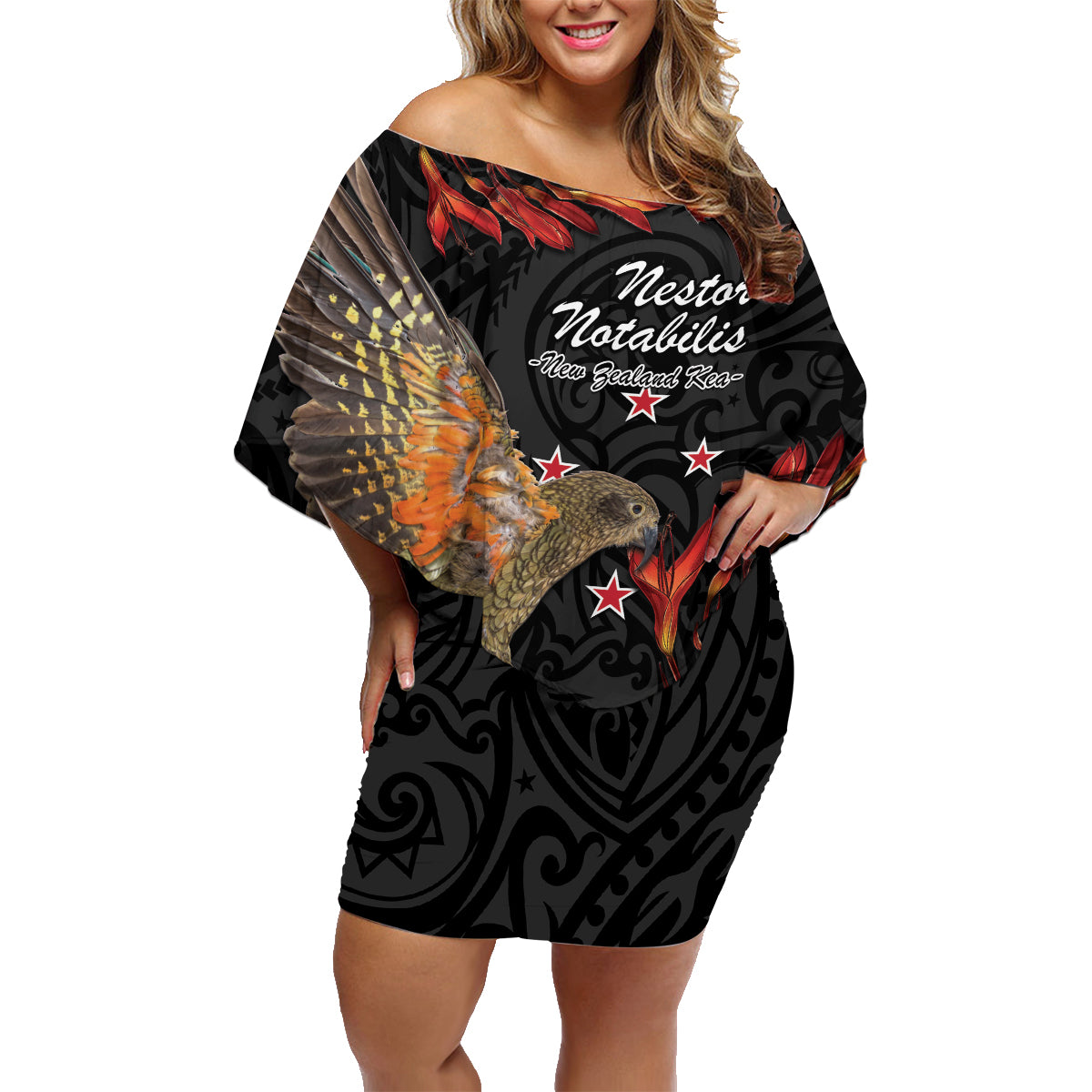 Personalised New Zealand Kea Family Matching Off Shoulder Short Dress and Hawaiian Shirt Nestor Notabilis With Harakeke Maori Pattern LT14 Mom's Dress Black - Polynesian Pride