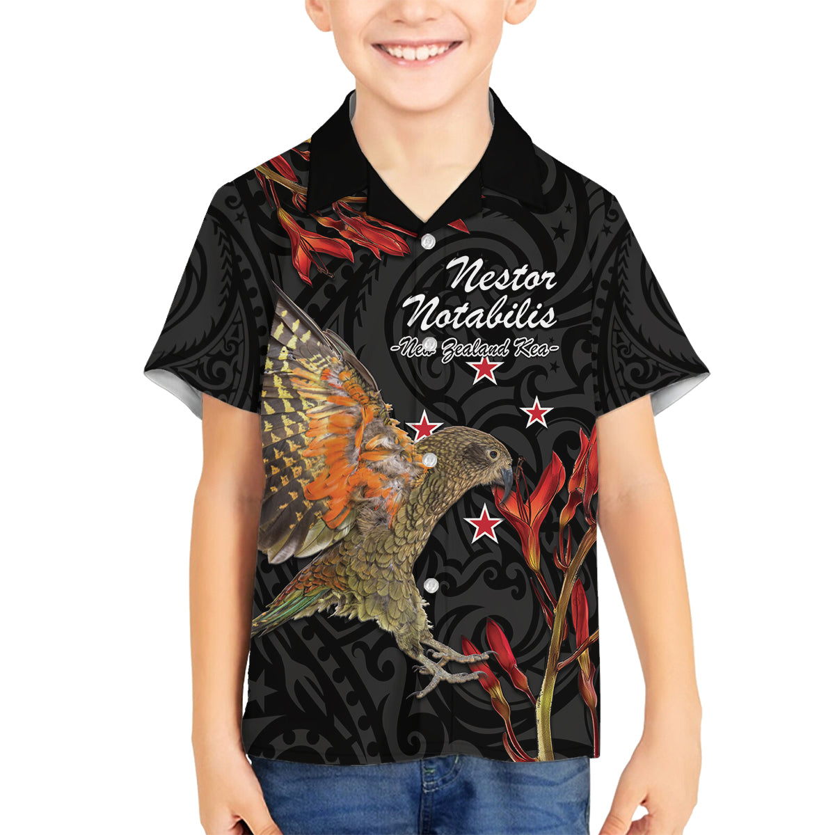 Personalised New Zealand Kea Family Matching Off Shoulder Short Dress and Hawaiian Shirt Nestor Notabilis With Harakeke Maori Pattern LT14 Son's Shirt Black - Polynesian Pride