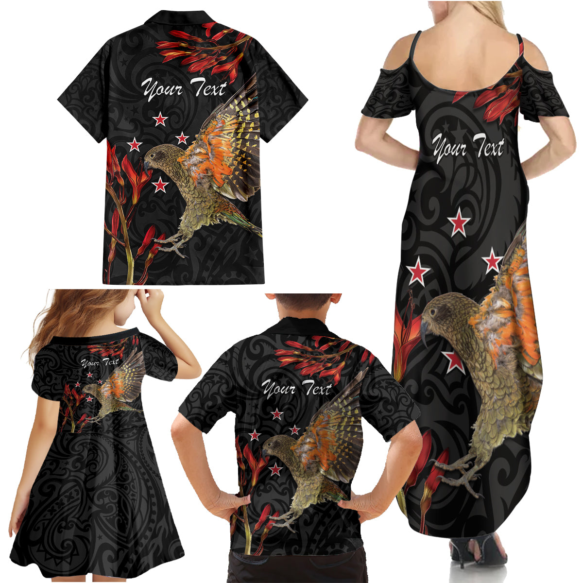 Personalised New Zealand Kea Family Matching Summer Maxi Dress and Hawaiian Shirt Nestor Notabilis With Harakeke Maori Pattern LT14 - Polynesian Pride
