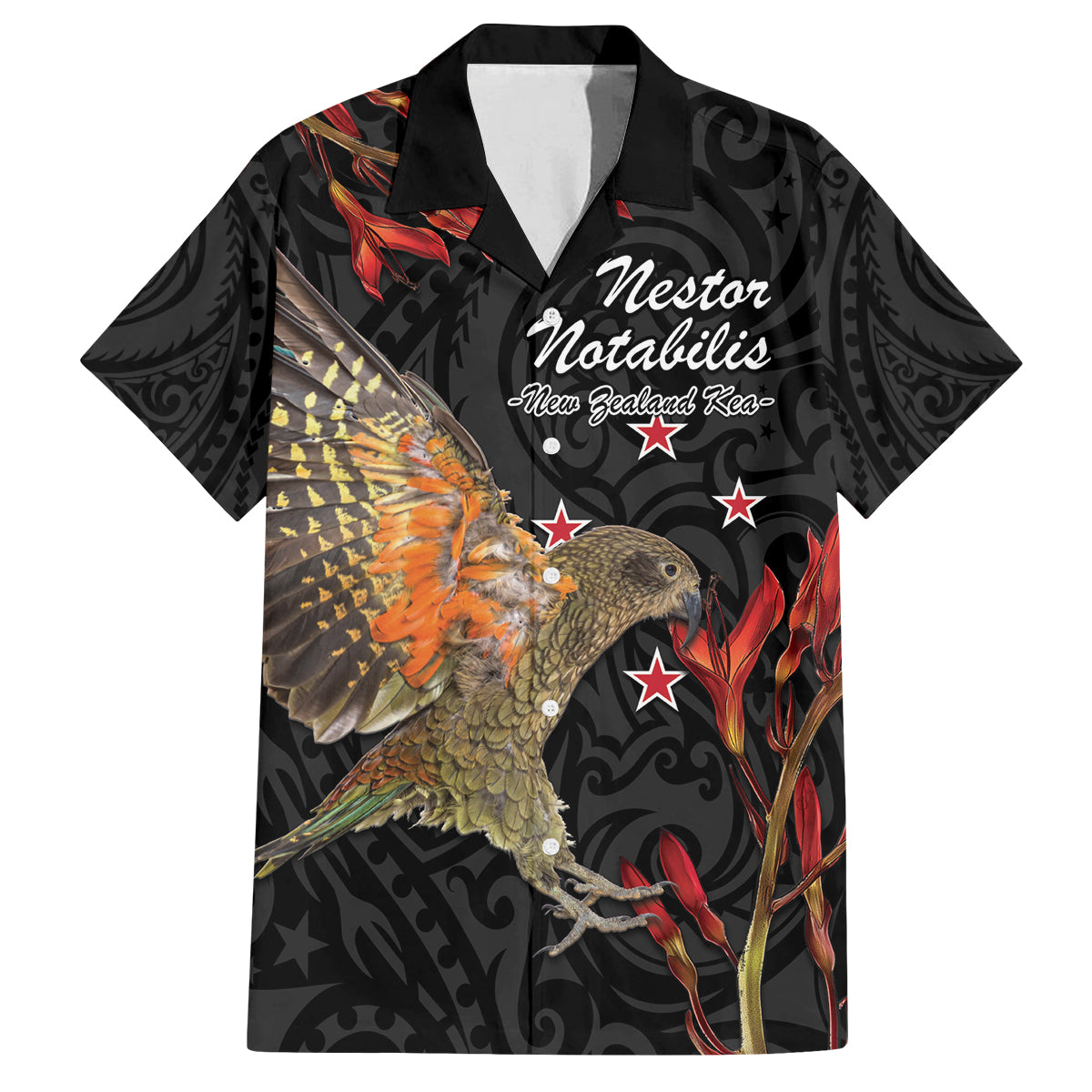 Personalised New Zealand Kea Family Matching Summer Maxi Dress and Hawaiian Shirt Nestor Notabilis With Harakeke Maori Pattern LT14 Dad's Shirt - Short Sleeve Black - Polynesian Pride