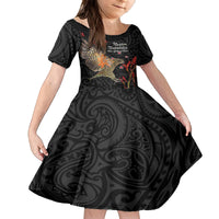 Personalised New Zealand Kea Family Matching Tank Maxi Dress and Hawaiian Shirt Nestor Notabilis With Harakeke Maori Pattern LT14 Daughter's Dress Black - Polynesian Pride