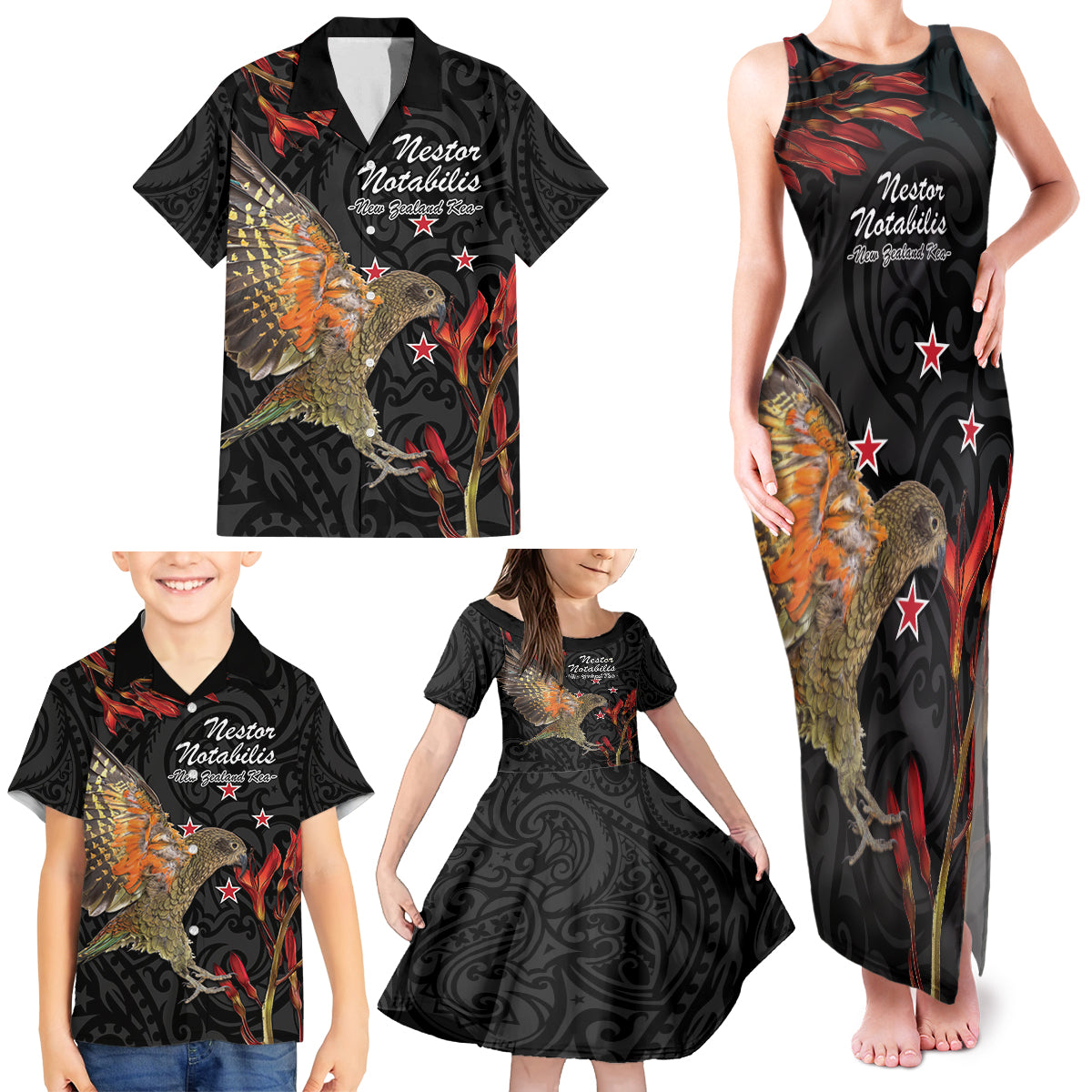 Personalised New Zealand Kea Family Matching Tank Maxi Dress and Hawaiian Shirt Nestor Notabilis With Harakeke Maori Pattern LT14 - Polynesian Pride