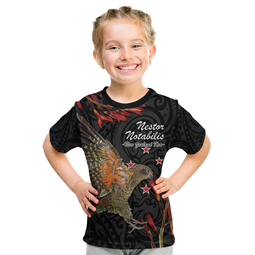 Personalised New Zealand Kea Kid T Shirt Nestor Notabilis With Harakeke Maori Pattern LT14 Black - Polynesian Pride