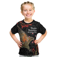 Personalised New Zealand Kea Kid T Shirt Nestor Notabilis With Harakeke Maori Pattern LT14 Black - Polynesian Pride