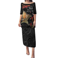 Personalised New Zealand Kea Puletasi Nestor Notabilis With Harakeke Maori Pattern LT14 Long Dress Black - Polynesian Pride