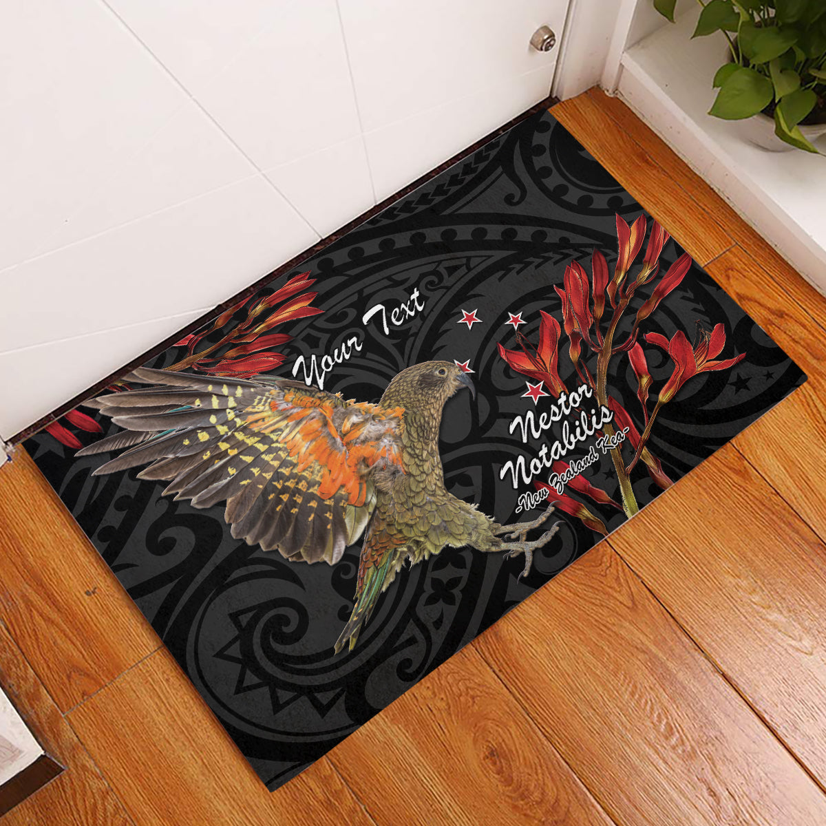 Personalised New Zealand Kea Rubber Doormat Nestor Notabilis With Harakeke Maori Pattern