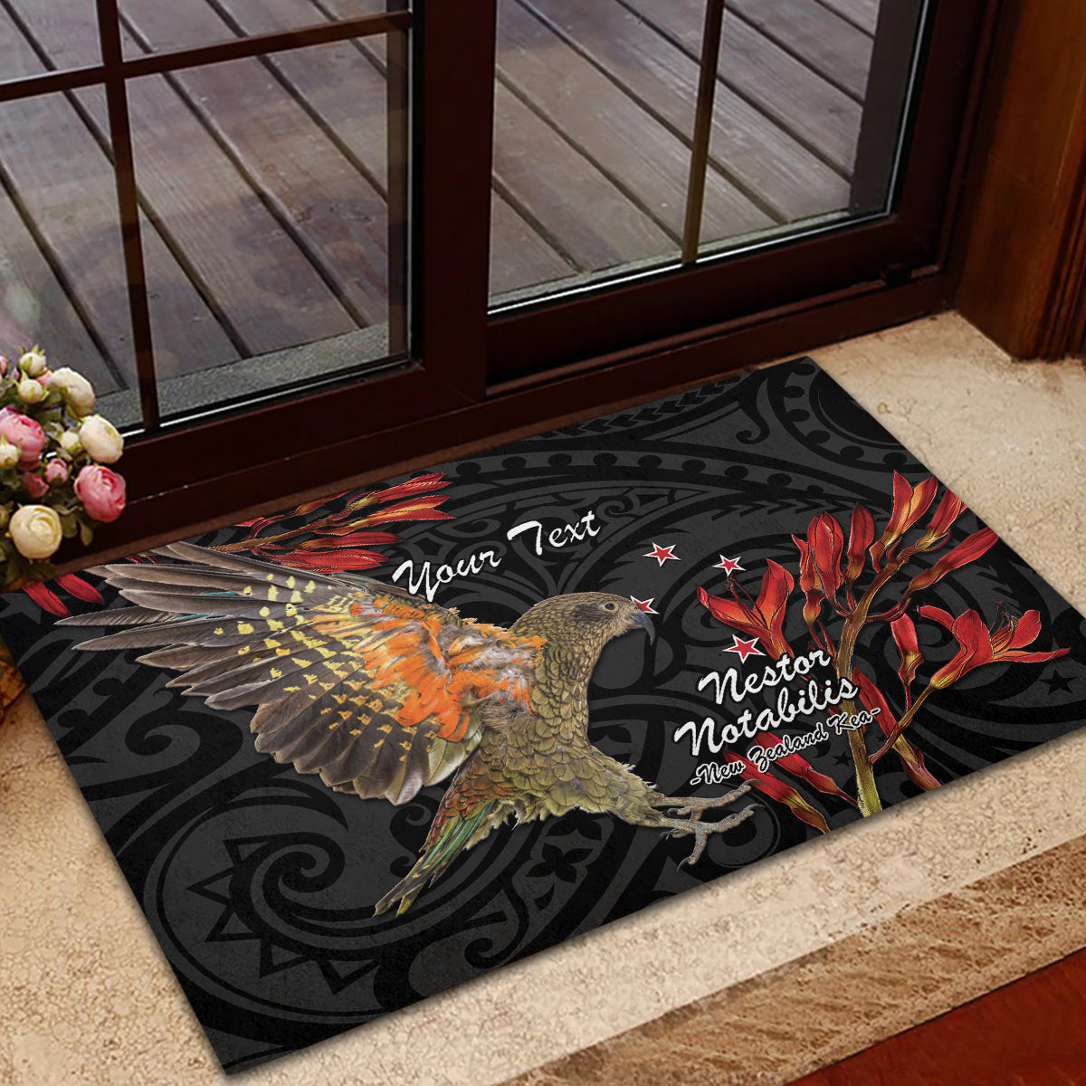 Personalised New Zealand Kea Rubber Doormat Nestor Notabilis With Harakeke Maori Pattern