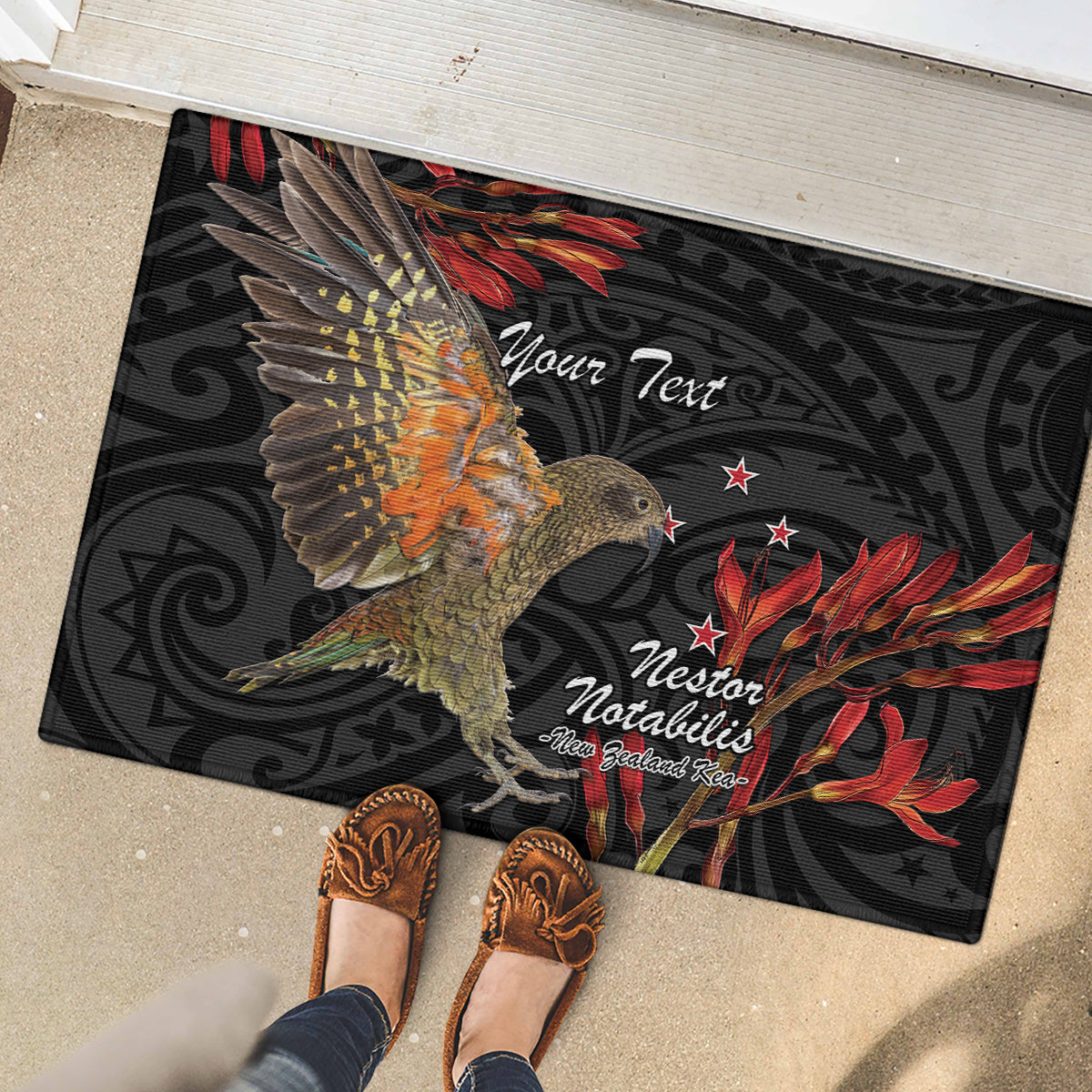 Personalised New Zealand Kea Rubber Doormat Nestor Notabilis With Harakeke Maori Pattern