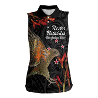 Personalised New Zealand Kea Women Sleeveless Polo Shirt Nestor Notabilis With Harakeke Maori Pattern LT14 Female Black - Polynesian Pride