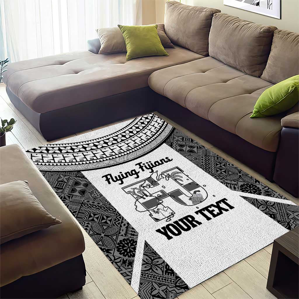 Custom Fiji Tapa Rugby Area Rug Flying Fijian Black And White Version