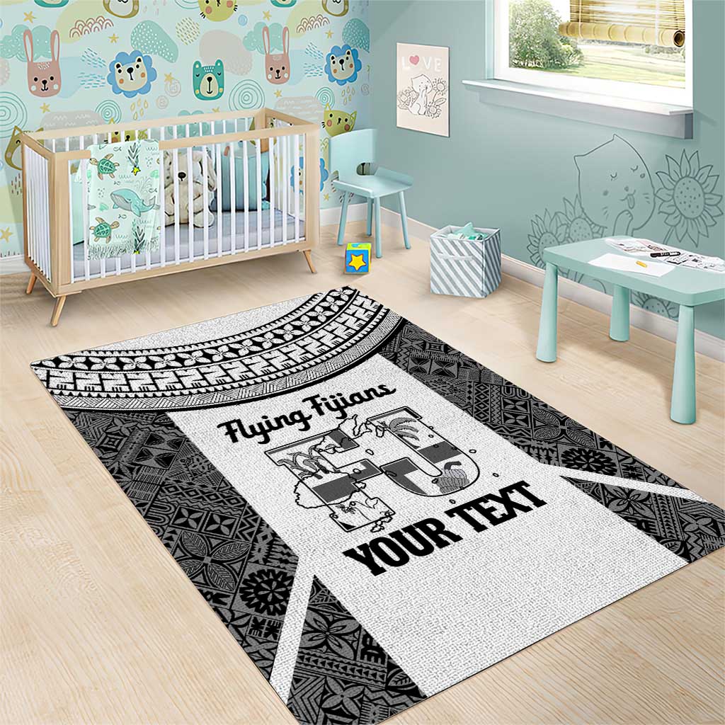 Custom Fiji Tapa Rugby Area Rug Flying Fijian Black And White Version