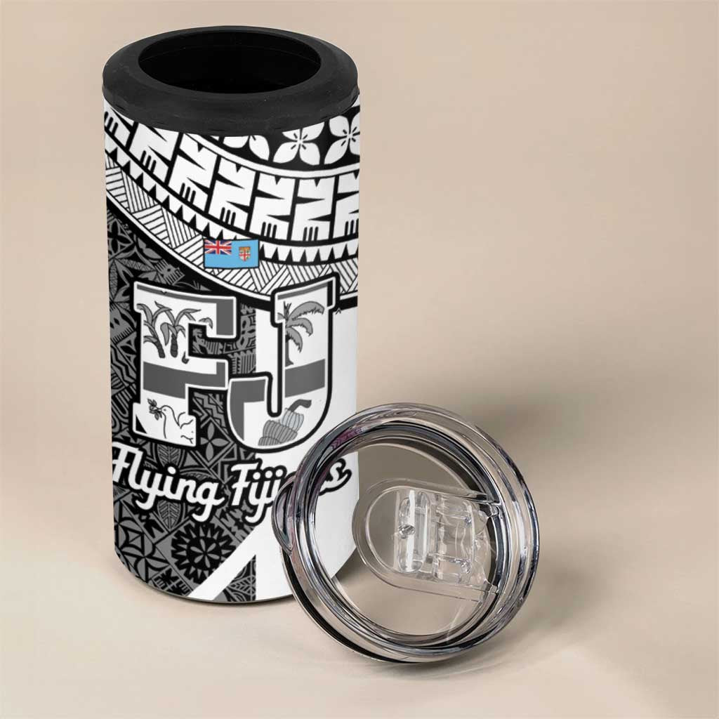 Custom Fiji Tapa Rugby 4 in 1 Can Cooler Tumbler Flying Fijian Black And White Version LT14 - Polynesian Pride