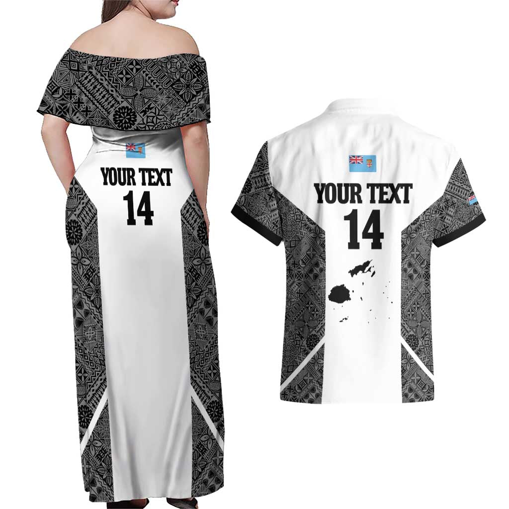 Custom Fiji Tapa Rugby Couples Matching Off Shoulder Maxi Dress and Hawaiian Shirt Flying Fijian Black And White Version LT14 - Polynesian Pride