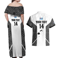 Custom Fiji Tapa Rugby Couples Matching Off Shoulder Maxi Dress and Hawaiian Shirt Flying Fijian Black And White Version LT14 - Polynesian Pride
